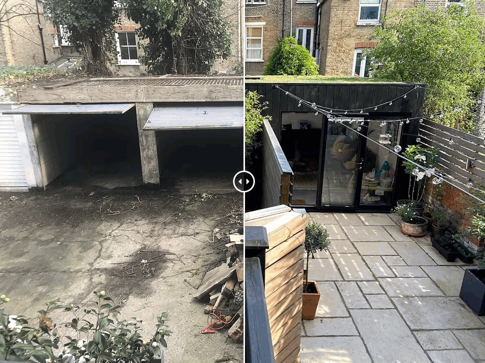 Before and after Oliver's self build garden room project